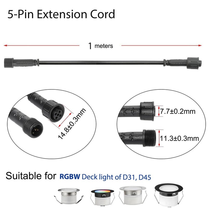 Sumaote 3.28ft 1m 5Pin Extension Cable Wire with Male and Female Connectors at Both Ends for RGBW Color LED Deck Light (5 Pin, 3.28ft, 5 Pack) - Image 2